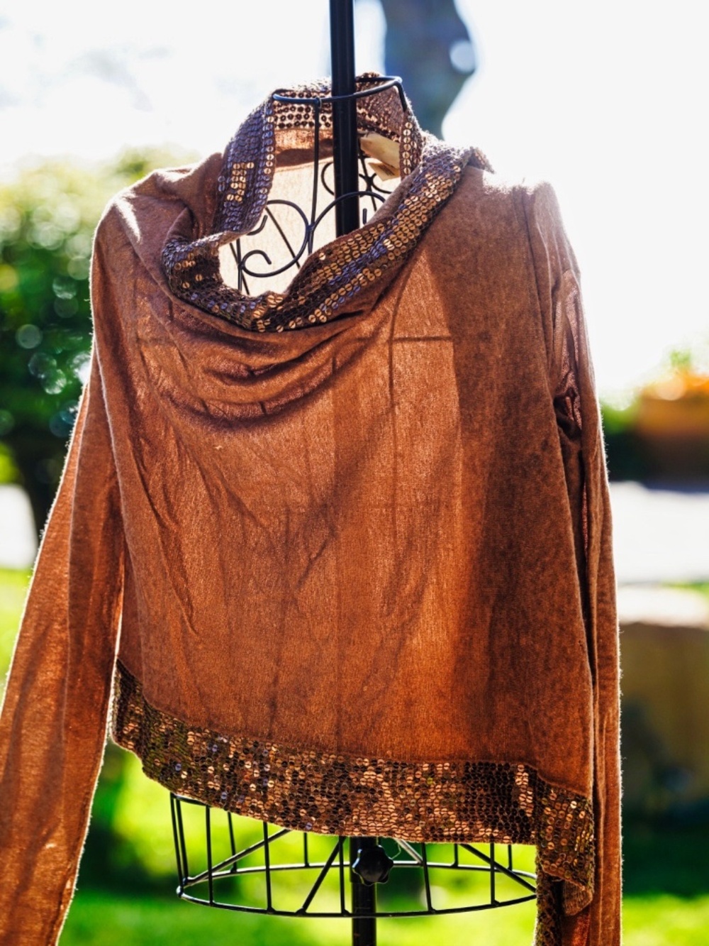 Ya-Ya Luxury Cashmere Sequin Cowl Neck Sweater, M, Brown/Bronze